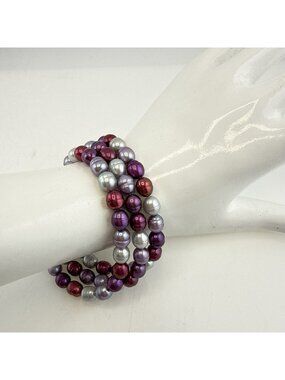Honora Pearl Bracelet Stretch Set Lot of 3 Ringed Pink Purple Trio QVC Triple
